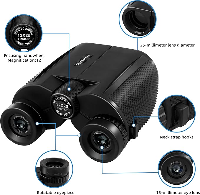 Binoculars for Adults and Kids, 12x25 HD Compact Binoculars for Bird Watching, Large Eyepiece Waterproof Binocular and Low Light Vision, Easy Focus for Sport Games, Outdoor Hunting, Travel Sightseeing