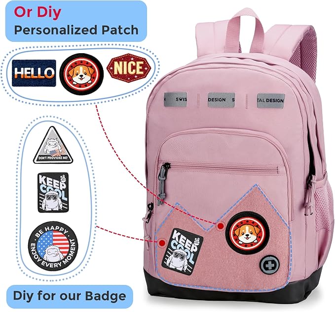 Swissdigital Design Big Student Laptop Backpack with Fun Personalized Patches For College Boy & Girl, Middle High School Teen Bookbag Cool Travel Daypack Pink -Includes 3 Patches | SD1718-81