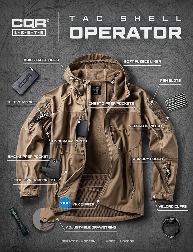 CQR Men's Tactical Softshell Jacket, Winter Warm Fleece Lined Coat, Water Resistant Outdoor Hunting Hiking Rain Windbreaker