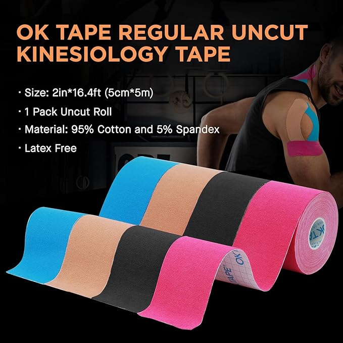 OK TAPE Kinesiology Tape, Regular Original Cotton Elastic Athletic Tape for Support and Recovery, Sports Tape, 2in×16.4ft Uncut Roll - Beige