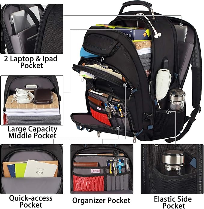 Laptop Backpack, Blue, 55L Capacity, TSA Approved, Multipurpose, Convenient USB Port, Comfortable Back Design, Durable Polyester Fabric
