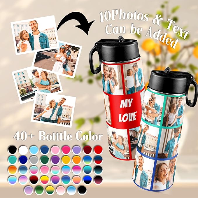 Personalized Photo Water Bottles, 18oz/32oz Custom Pictures Stainless Steel Insulated Sport Water Bottle with Straw Lid & Handle, Customized Cup Gifts for Men Women Birthday Anniversary Christmas