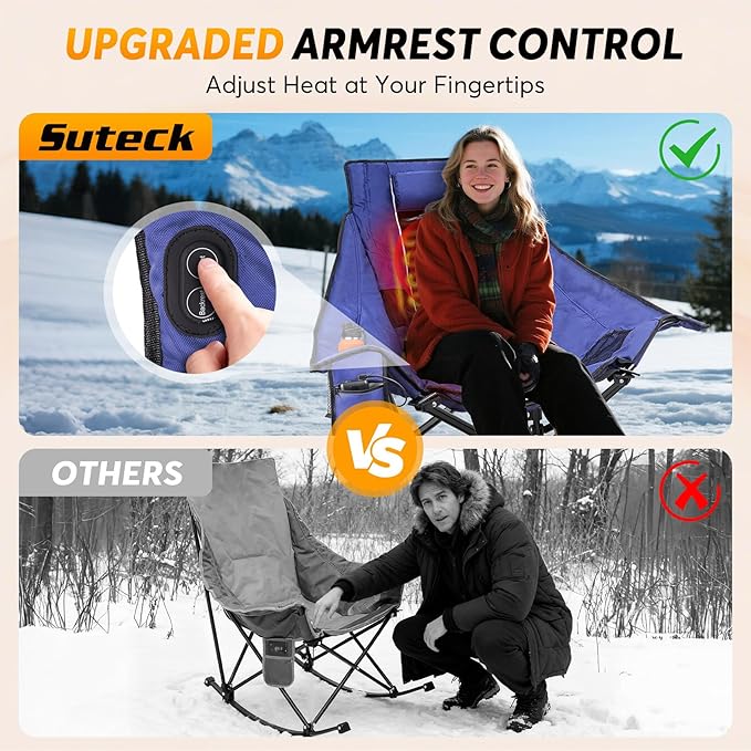 Suteck Heated Rocking Camping Chair, Fully Thicker Padded Heated Camping Chairs for Outdoor Sports W/3 Heat Levels for Back & Seat, Heated Rocking Chair for Adults with Carry Bag, Battery NOT Included