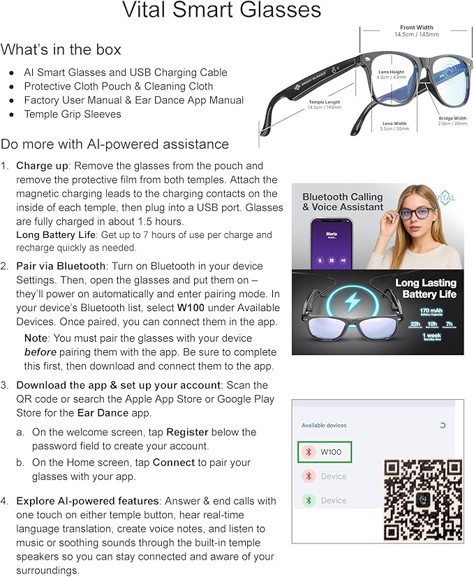 Vital Smart Glasses for Men AI Translation – Open-Ear Bluetooth 5.3 Audio, 164-Language Translator in Phone App Vital Smart Glasses for Women UV400 Blue-Light Blocker Voice-Assistant Eyewear AI Glass