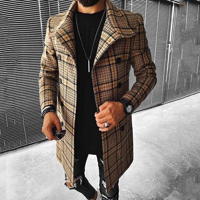 Men's Plaid Long Trench Coat Mid - Length Lapel Collar Button Down Warm Overcoat for Winter & Autumn Fashion