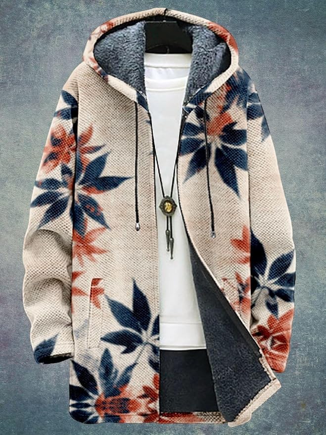 2025 Men's Ethnic Pattern Hooded Jacket Long Cardigan Hoodies Full Zip Vintage Knitted Zipper Coat with Pocket