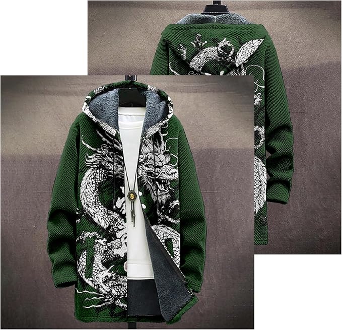 Mens Hooded Cardigan Japanese Art Zip Up Long Sleeve Sweater Hoodie Dragon Print Coat with Pockets