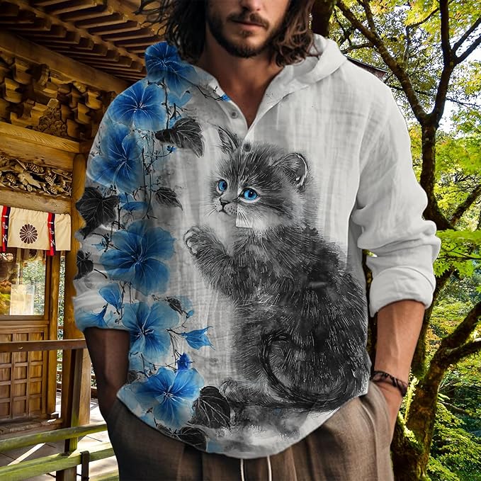 MARSVOVO Hooded Long Sleeve Shirt Men Fashion Graphic Button Up Lightweight Big and Tall Casual Vacation Shirts for Men