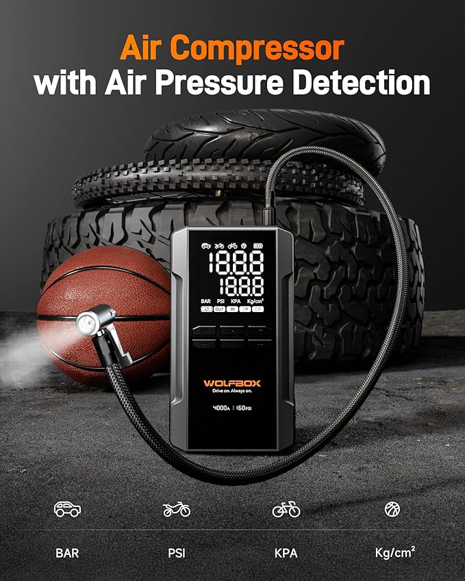 WOLFBOX 4000A Jump Starter with 160PSI Air Compressor, 12V Car Battery Booster, 65W Fast Charge, 88.8Wh Portable Tire Inflator, LED Display for 10L Gas & 10L Diesel Engines, LED Light, Jumper Cables