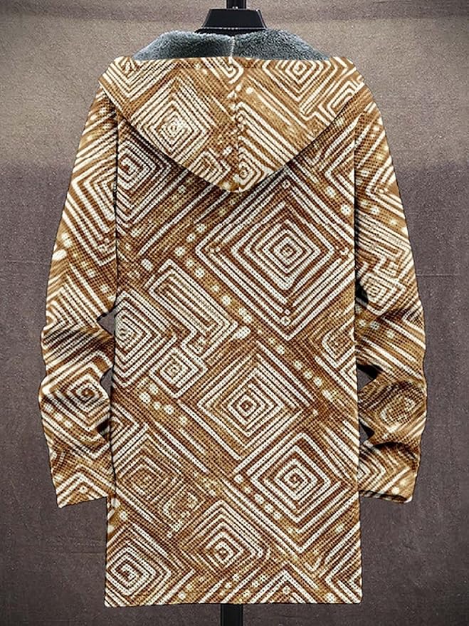 2025 Men's Ethnic Pattern Hooded Jacket Long Cardigan Hoodies Full Zip Vintage Knitted Zipper Coat with Pocket