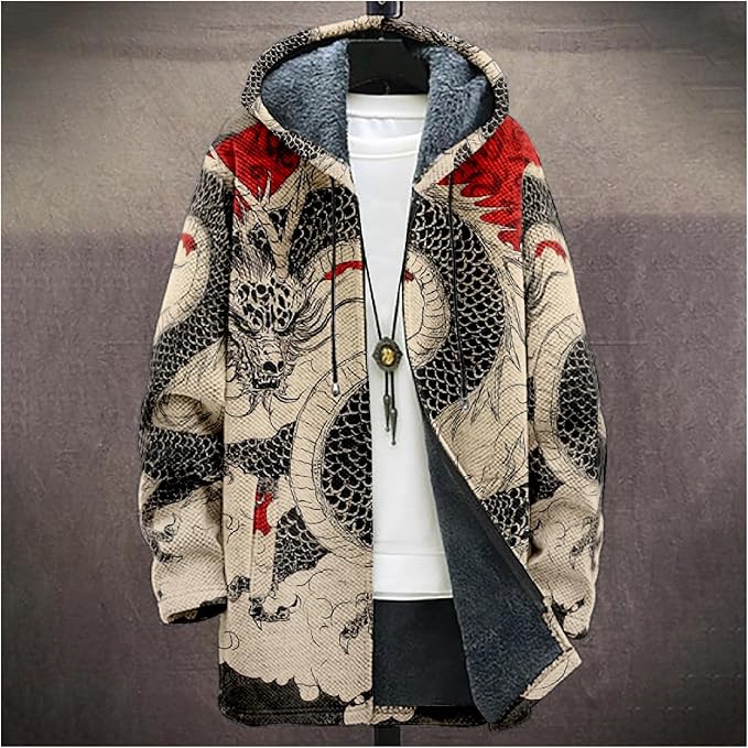 Mens Hooded Cardigan Japanese Art Zip Up Long Sleeve Sweater Hoodie Dragon Print Coat with Pockets