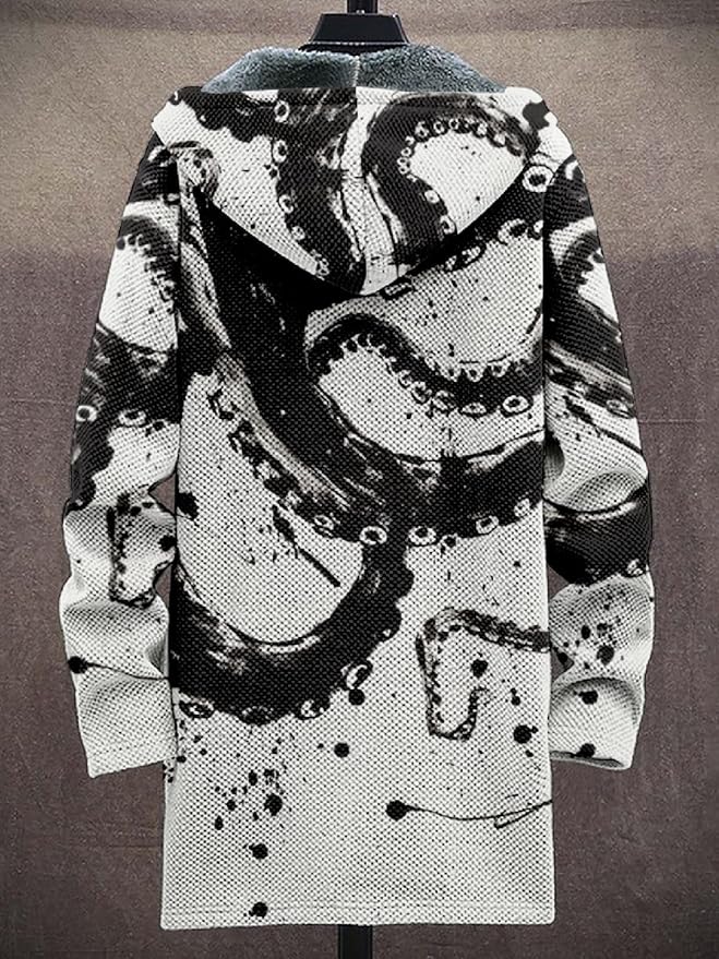 2025 Men's Ethnic Pattern Hooded Jacket Long Cardigan Hoodies Full Zip Vintage Knitted Zipper Coat with Pocket