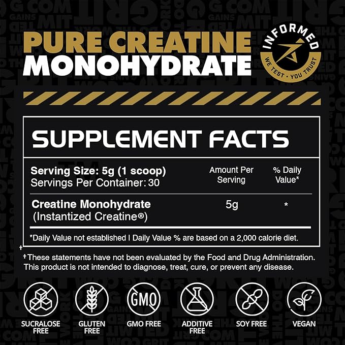Gains in Bulk Instantized Creatine Monohydrate for Women and Men, Soluble Creatine Powder, Supports Muscle Building, Strength and Performance, Bodybuilding Supplements, Unflavored, 30 Servings