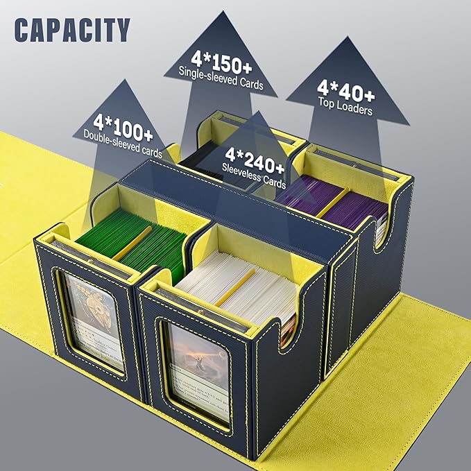 Card Deck Box for MTG with Commander Display, 5 in 1 Card Storage Box Fits 400+ Double-sleeved Cards, Removable Deck Case for TCG/Sports Cards with Dice Tray, 4 Magnetic Card Holders (Blue Yellow)