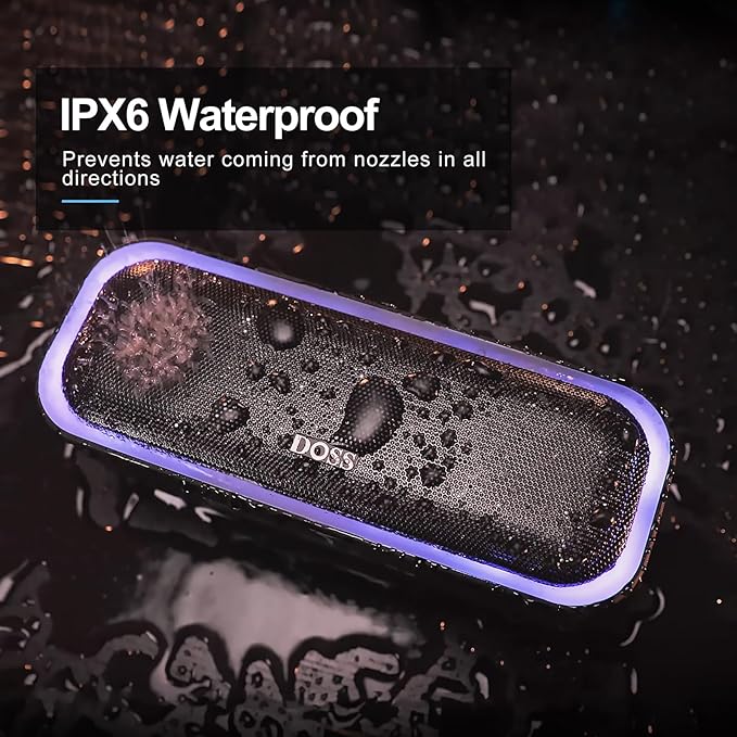 DOSS SoundBox Pro Bluetooth Speaker, 20W Stereo Sound, Active Extra Bass, 20H Playtime, Multi-Colors Lights, Wireless Stereo Pairing, IPX6 Waterproof for Garden, Hiking, Camping, Party-Stone Blue