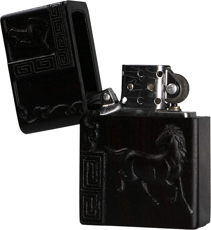 Natural Ebony Black Wood Carved Lighter Shell Box For Zippo Module (Zodiac Horse)