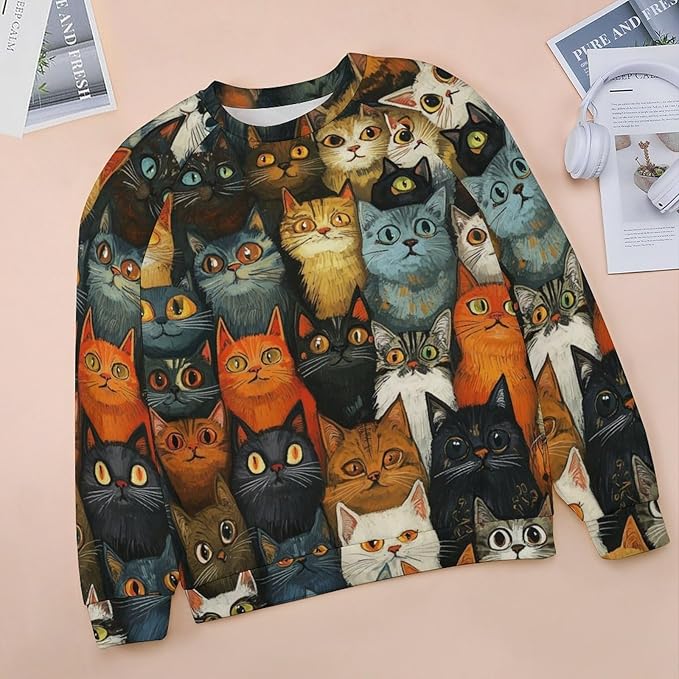 Fall Sweaters for Women 2024 Cat Print Long Sleeve Casual Crewneck Warm Fall Pullover Comfy Fashion Sweatshirts