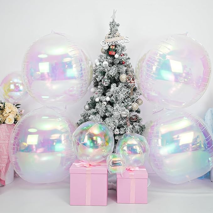 50 Inch Giant Iridescent Round Foil Balloons, 3Pcs Holographic Clear 4D Ball Balloons for Birthday New Year Eve Wedding Folding Rainbow Under The Sea Mermaid Party decoration