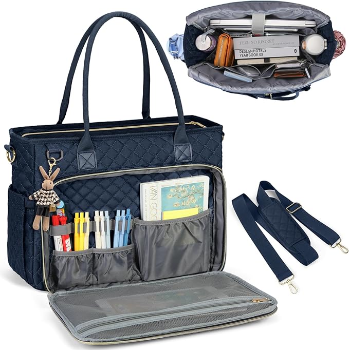 RAINSMORE Teacher Tote Bag 15.6 inch Laptop Bag for Women Work Bags Laptop Tote Nurse Bag Professional Computer Messenger with Insulated Pocket, Laptop Briefcase for Office, College, Dark Blue