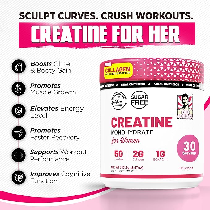 Old School Labs Creatine for Women Post-Workout Supplement - 5000mg Creatine, 2000mg Hydrolyzed Bovine Collagen & BCAA 2:1:1 for Lean Muscle Growth, Fast Recovery & Stamina - 30 Servings