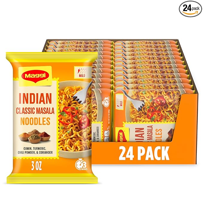 Maggi Indian Classic Masala Noodles, Instant Ramen Noodles Pack, 3 min, Mildly Spicy, Vegetarian, Halal, Kosher, 24 Pack