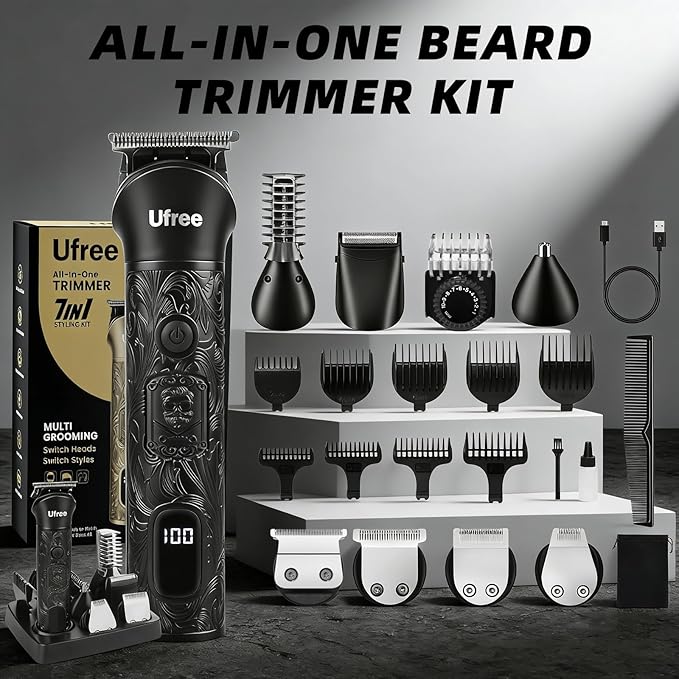 Ufree Beard Trimmer for Men, Electric Razor Shavers, Cordless Hair Clippers, 7 in 1 Beard Grooming Kit for Mustache, Body, Nose and Facial, Gifts for Men