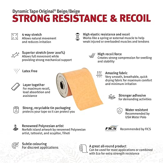 Dynamic Tape Original | Biomechanical Adhesive Tape | Physio Tape for Knee, Ankle, Shoulder, Leg, Muscle Support | Sports Tape for Football, Rugby, Ideal for Athletes | Beige & Beige - 2" (101' Roll)