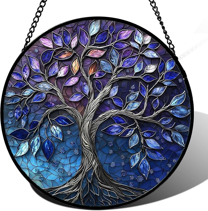 Stained Glass Window Hanging, Blue Purple Tree of Life Sun Catchers Colorful Glass Panel Plants Suncatcher Decor for Birthday for Women,Men,Wife, Lovers, and Mom 14.9x14.9 in