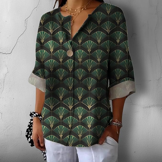 Fashion Shirts for Women Loose Fit Button Down V Neck Blouse 3/4 Sleeves Casual Tunic Tops Summer Outfits