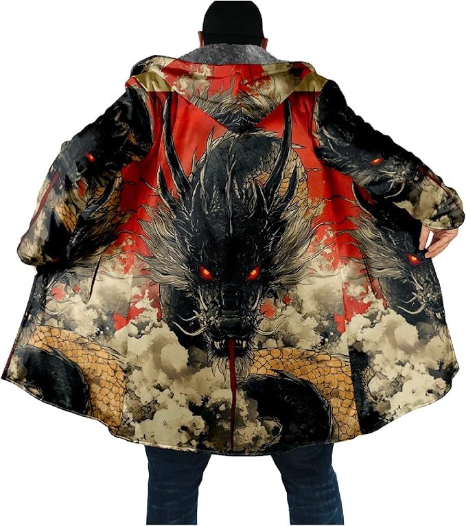 Mens Hooded Cardigan Japanese Art Zip Up Long Sleeve Sweater Hoodie Dragon Print Coat with Pockets