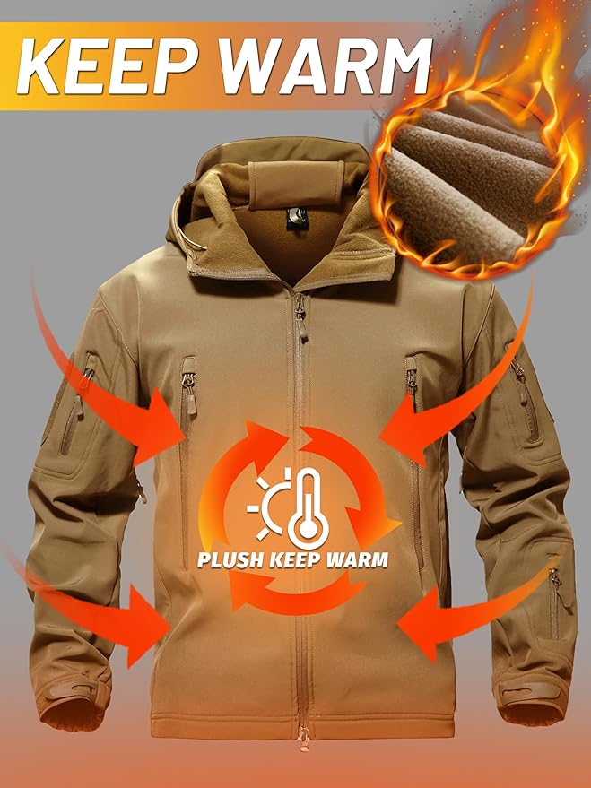 TACVASEN Men's Special Ops Military Tactical Soft Shell Winter Warm Fleece Lined Jacket Rain Hood Coat Hiking Snowboard