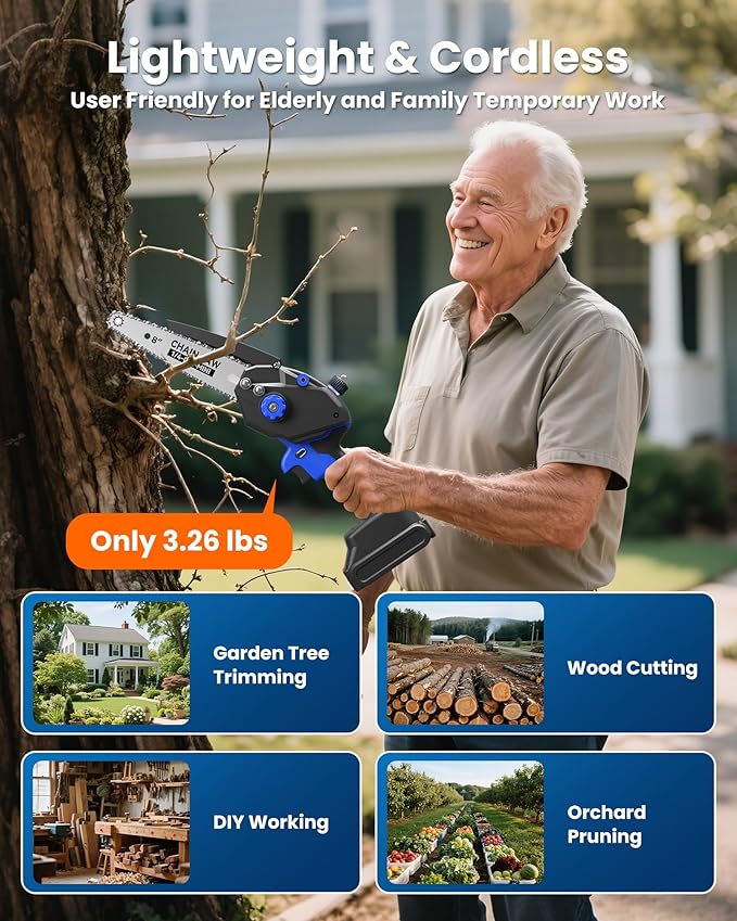 Mini Chainsaw Cordless, 8 inch & 6 inch Electric Chain Saw with 2 Pack Rechargeable Batteries, Battery Powered Handheld Saw Gardening Tools for Trees Branches Trimming Wood Cutting