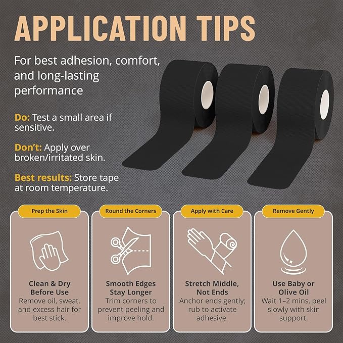 Kinesiology Tape Rolls - Pack of 3 (2 Inch x 16 Ft / 5cm x 5m) - Latex-Free, Breathable Cotton - Strong Adhesive for Muscle & Joint Support - Water-Resistant & Sweatproof for Sports & Recovery, Black