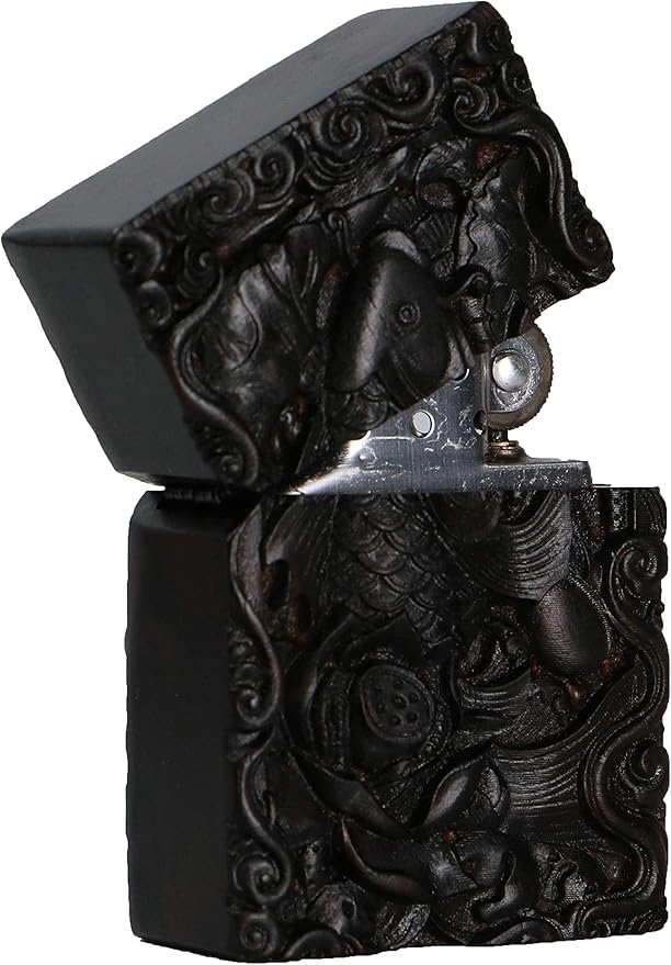 Natural Ebony Black Wood Carved Lighter Shell Box For Zippo Module (Lotus Fish)