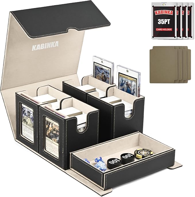 Card Deck Box for MTG with Commander Display, 5 in 1 Card Storage Box Fits 400+ Double-sleeved Cards, Removable Deck Case for TCG/Sports Cards with Dice Tray, 4 Magnetic Card Holders (Black Gold)