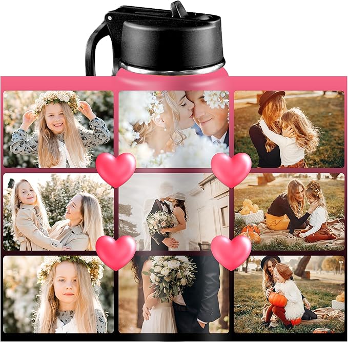Personalized Photo Water Bottles, 18oz/32oz Custom 9 Pictures Stainless Steel Insulated Sport Water Bottle with Straw Lid & Handle, Customized Cup Gifts for Men Women Birthday Anniversary Christmas