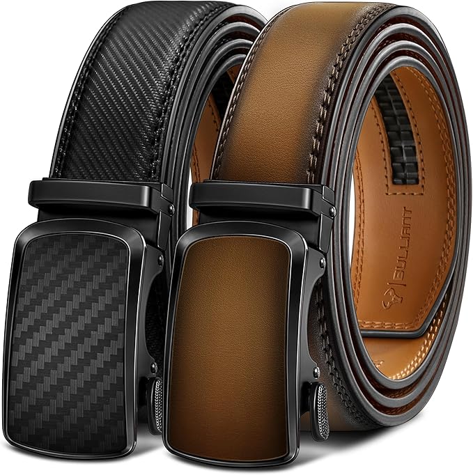 BULLIANT Men's Ratchet Belt 2 Pack-Click Leather Belt Adjustable for Men Gift 1 3/8-Cut for Perfect Fit