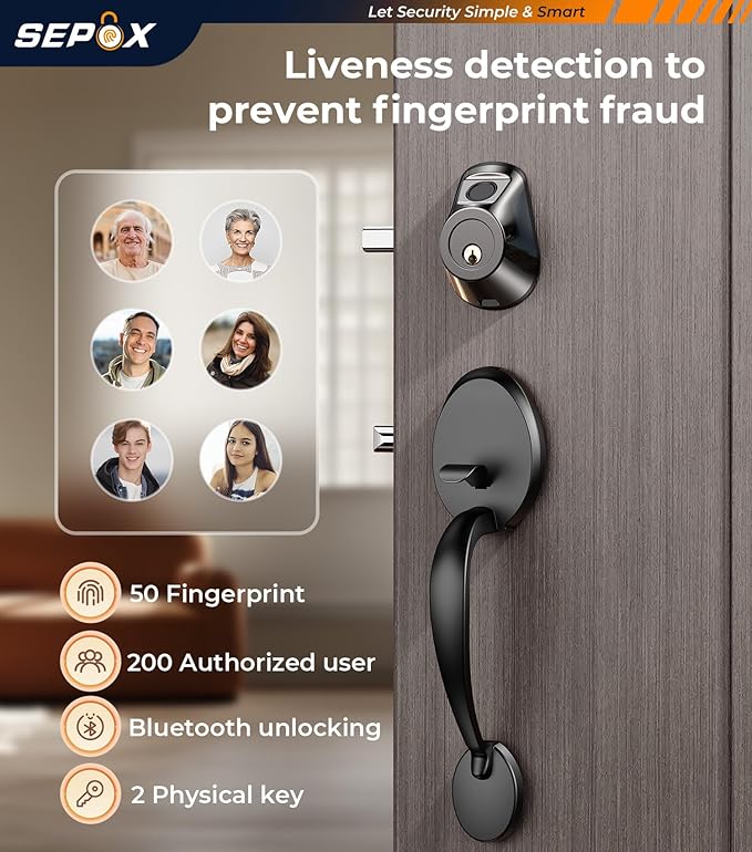 SEPOX® 2PC Set Smart Deadbolt Lock - 5-in-1 Keyless Entry (Fingerprint, Bluetooth, WiFi, Tuya APP, Key) - Auto Lock/Unlock, Front & Bedroom Door Compatible, Lever & Knob