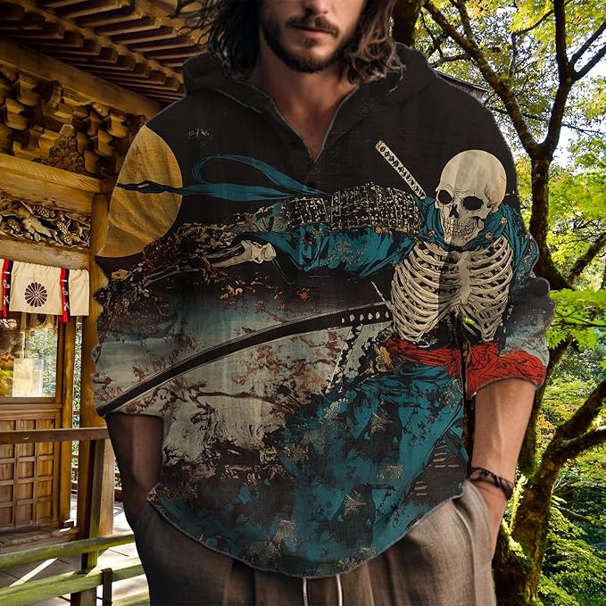 MARSVOVO Hooded Long Sleeve Shirt Men Fashion Graphic Button Up Lightweight Big and Tall Casual Vacation Shirts for Men