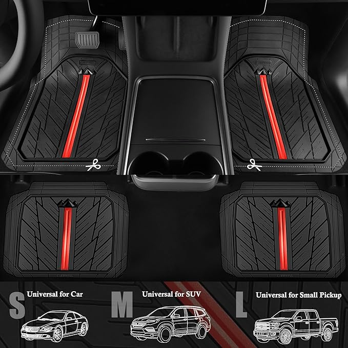 CAR PASS Metal Medium Rubber Floor Mats for car Heavy Duty car mats All Weather, Universal Trim to Fit for Truck SUV Vehicle Automotive Floor Mats, Waterproof car mats 4 Piece (Red Black)