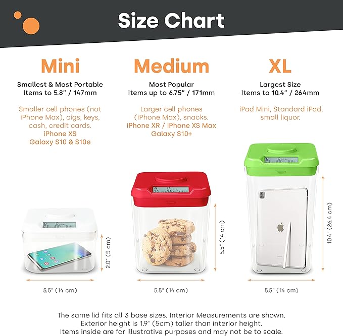 kSafe Time Locking Container XL – Tech Lock Box for Tablets, Game Controllers, Large Snack Bags, BPA-Free Plastic, No Overrides, 5.5” W x 10.4” L, White Lid, Clear Base