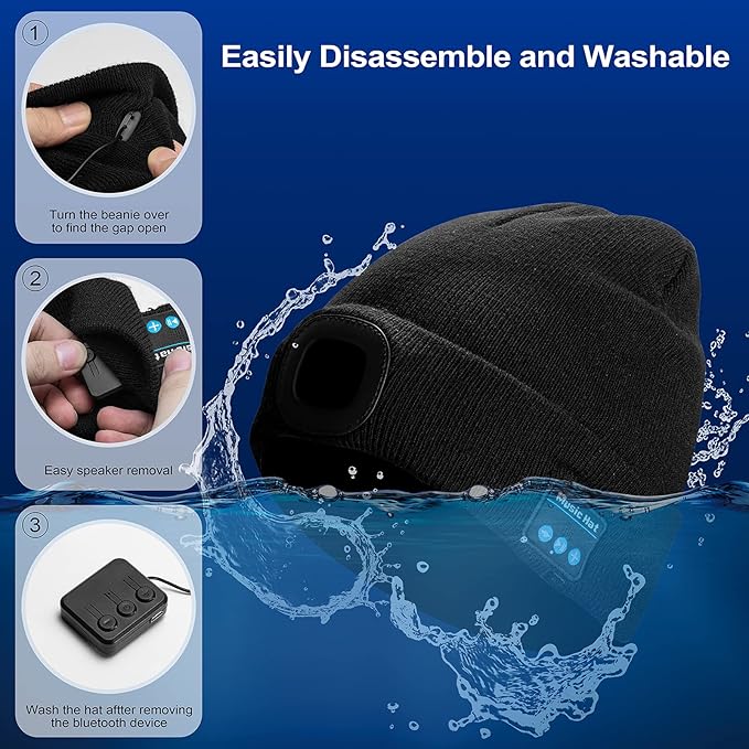 Bluetooth Beanie Hat with Light, Unisex LED Cap with Headphones Built-in Stereo Speakers & Mic, Tech Gift for Men Women Dad, Black
