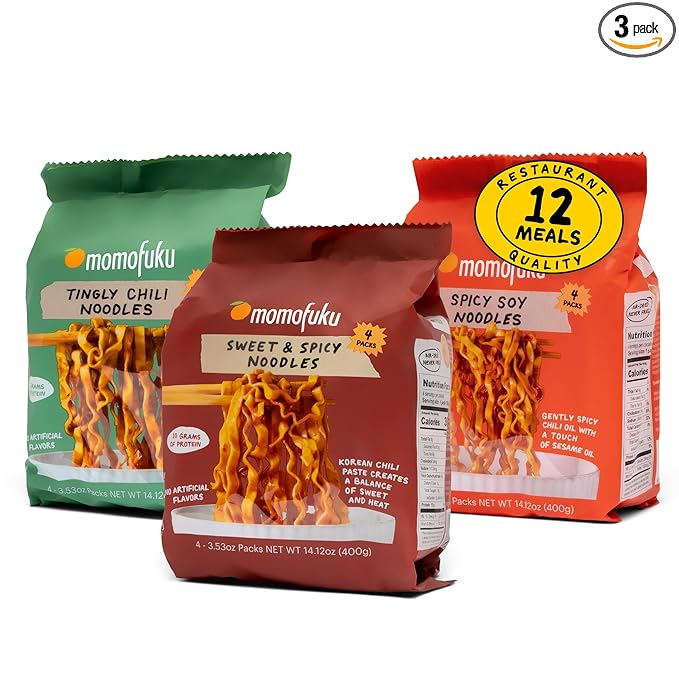 Momofuku Ramen Noodle Spicy Variety Pack by David Chang, 12 Meals of Air-Dried Instant Noodles with Spicy Sauce
