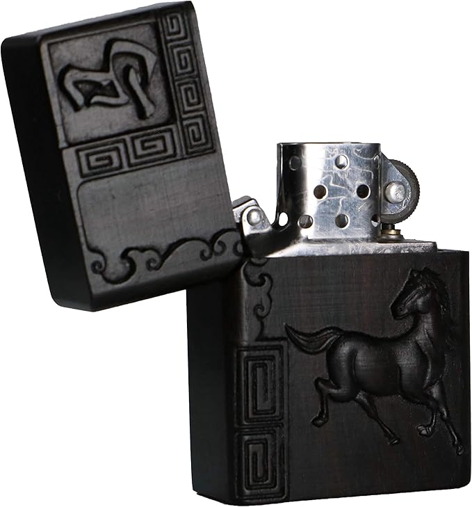 Natural Ebony Black Wood Carved Lighter Shell Box For Zippo Module (Zodiac Horse)