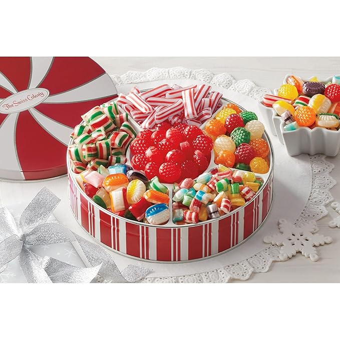 The Swiss Colony 27 Favorites and Traditional Christmas Candy Gift Bundle - Assorted Cheeses, Chocolates, Summer Sausage Meats, Nostalgic Hard Candy, Ribbons, Raspberry Drops and More