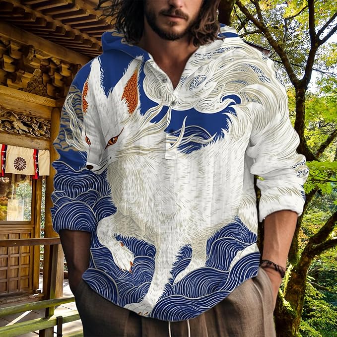MARSVOVO Hooded Long Sleeve Shirt Men Fashion Graphic Button Up Lightweight Big and Tall Casual Vacation Shirts for Men