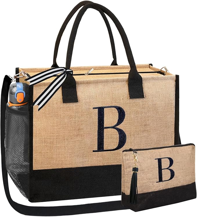 BeeGreen Bridal Gifts for Bride Shower Engagement Gifts for Bride Personalized Tote Bag for Wedding, Initial Jute Tote Bag for Bridemaids Bachelorette Women Friends Mother Monogrammed B