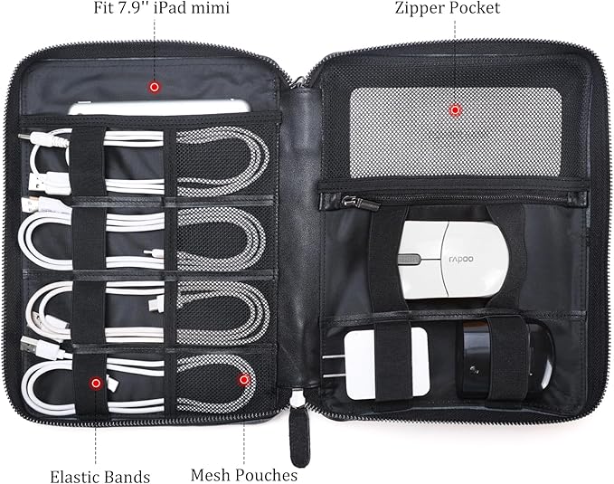 Polare Full Grain Leather Travel Cable Organizer Case Electronics Accessories Carry Bag with YKK Zippers Tech Storage Bag for Cables, Power Bank, USB, SD Card, Travel Essentials