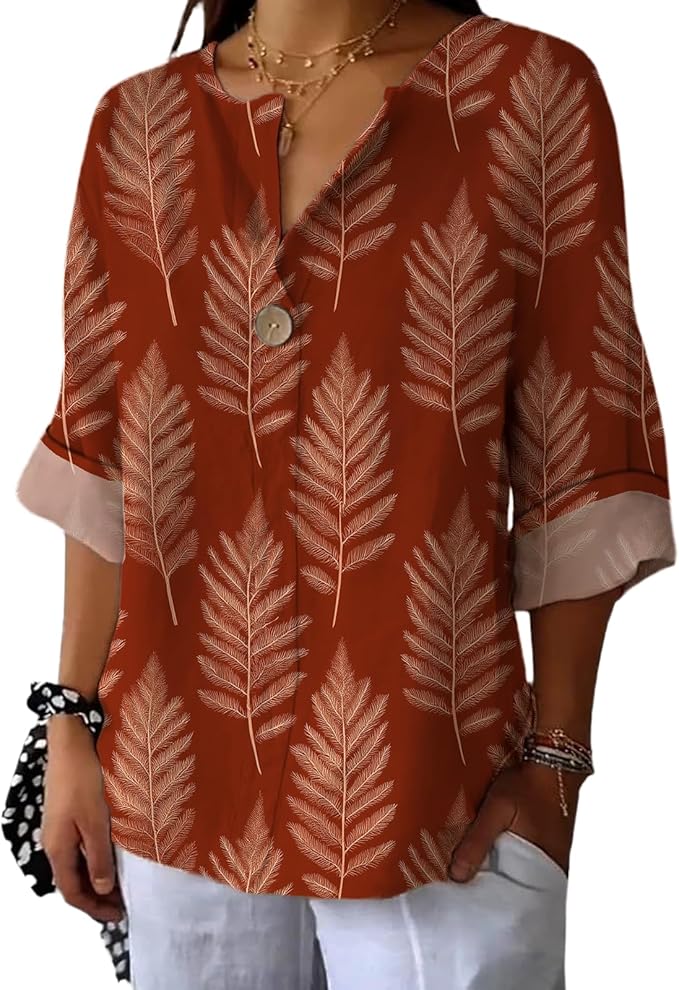 Fashion Shirts for Women Loose Fit Button Down V Neck Blouse 3/4 Sleeves Casual Tunic Tops Summer Outfits
