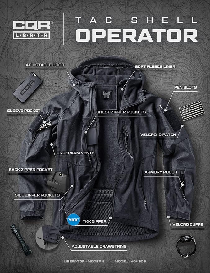 CQR Men's Tactical Softshell Jacket, Winter Warm Fleece Lined Coat, Water Resistant Outdoor Hunting Hiking Rain Windbreaker